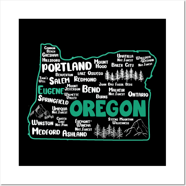 Cute map of Eugene Oregon, Portland, Salem, Springfield, Bend, Ontario, Medford Wall Art by BoogieCreates